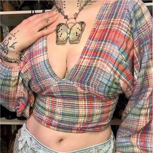 Free People Gingham Cotton Cottagecore Peasant Reversible Blouse ~sold~